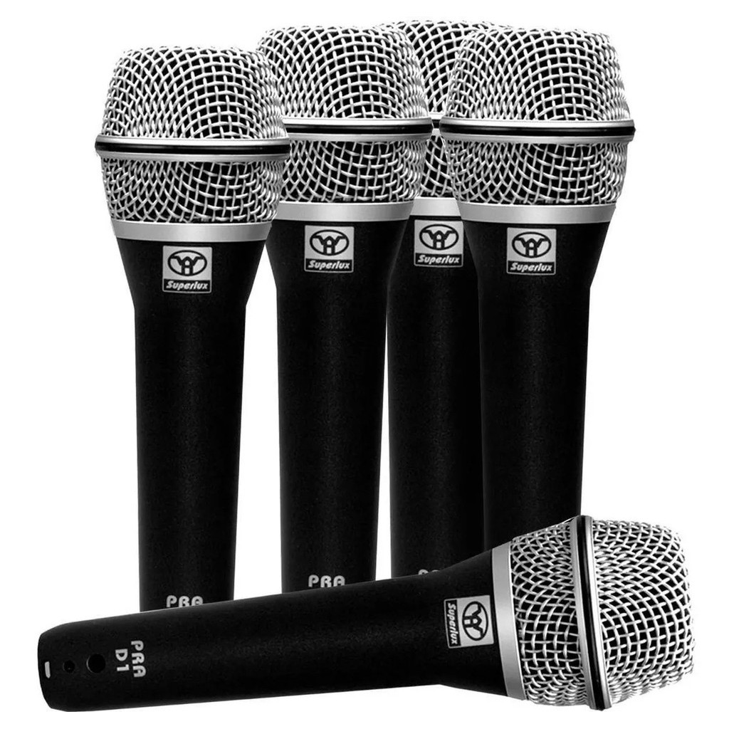Kit 5 Microfones Profissional de Mão com Fio Vocal Dinâmico Supercardióide PRA D5 Superlux Original