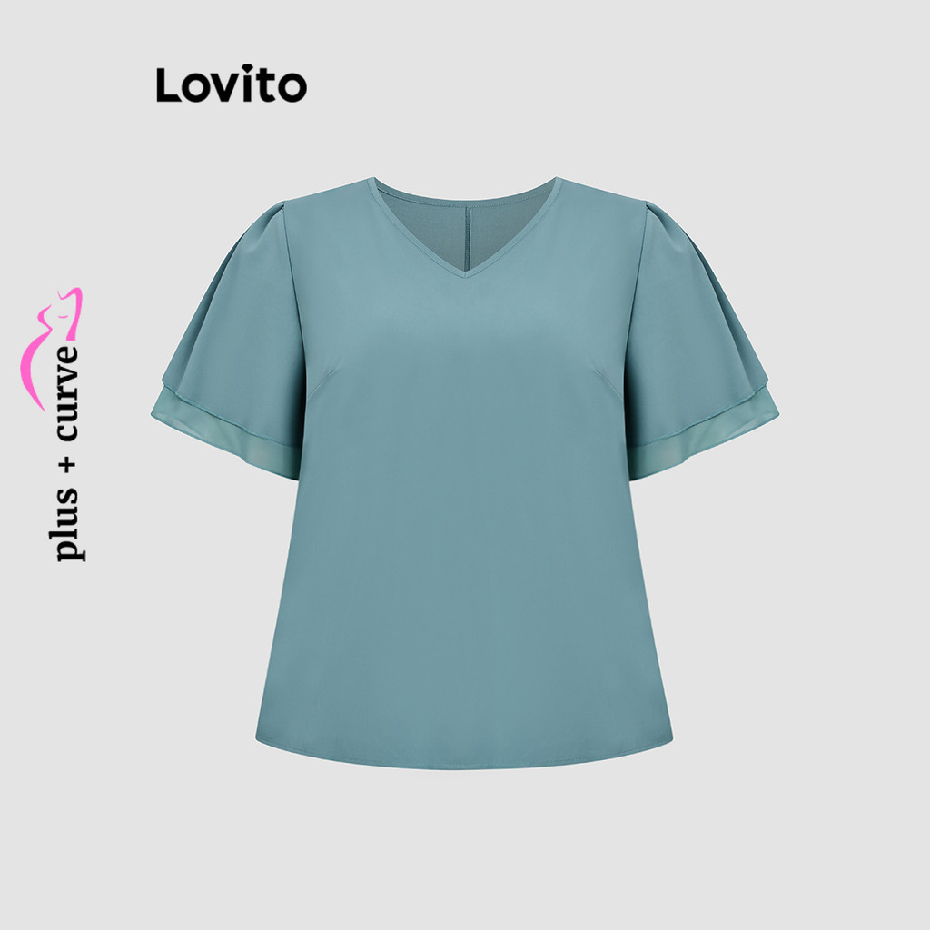 Detalhes do Lovito Blusa Curva Plus Size Casual Lisa Camada Dupla Blusa Verão/Primavera Para Mulheres LBL203236