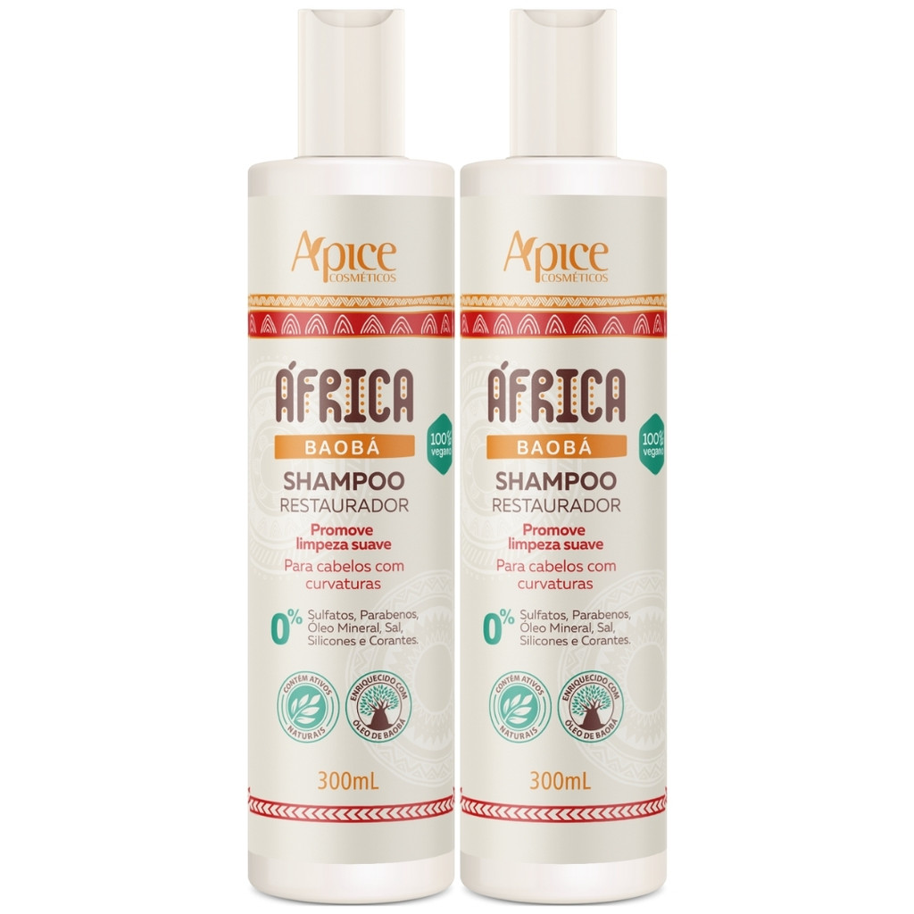 Kit 2 Shampoo África Baobá Apice Restaurador Vegano Limpeza Suave Cacheados Crespos Ondulados 300ml