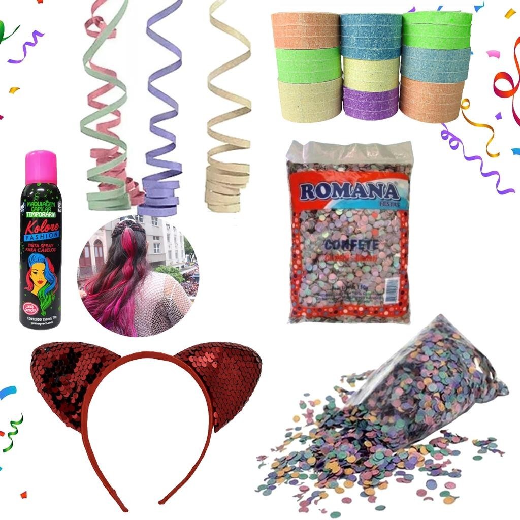 Kit 4 Confetes Carnaval Folia 24 Rolo Serpentina Tiara Tinta Para Pintar Cabelo Lavável