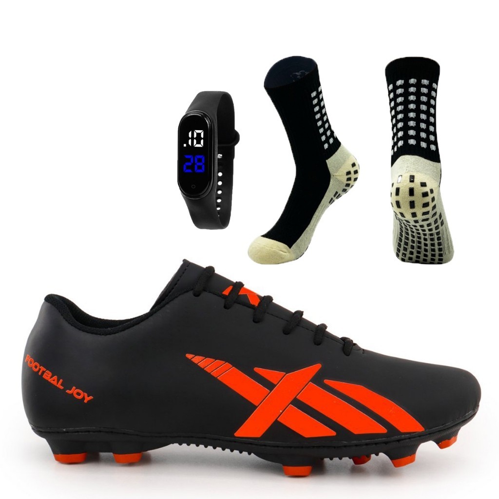Kit Chuteira de Futebol Sola Campo Pião Trava Sola Costurada + Meia Antiderrapante + Relógio