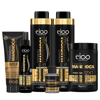Eico Tratamento Mandioca Shampoo Condicionador + Máscara Hidratação + Leave-in + Spray Protetor Térmico + Óleo Reparador