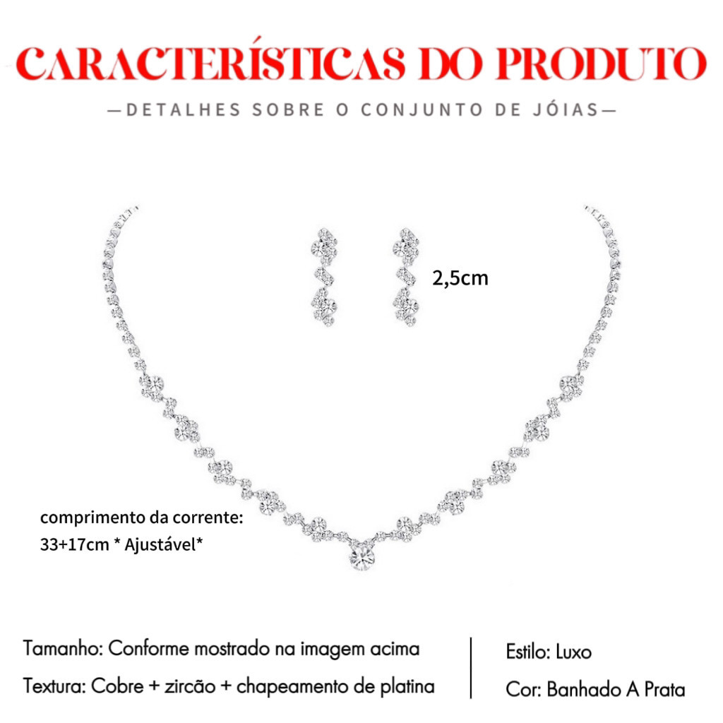 Kit de 3 Joias Fashion，Colar, Brinco e Pulseira - Ideal para Dia a Dia, Casamento e Festa em Oferta na Shopee