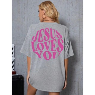 Camiseta Feminina T-Shirt Gola redonda Estampada Jesus Loves You - Camiseta Algodão Leve e Fresquinha Estilo Vintage Estampa nas Costas
