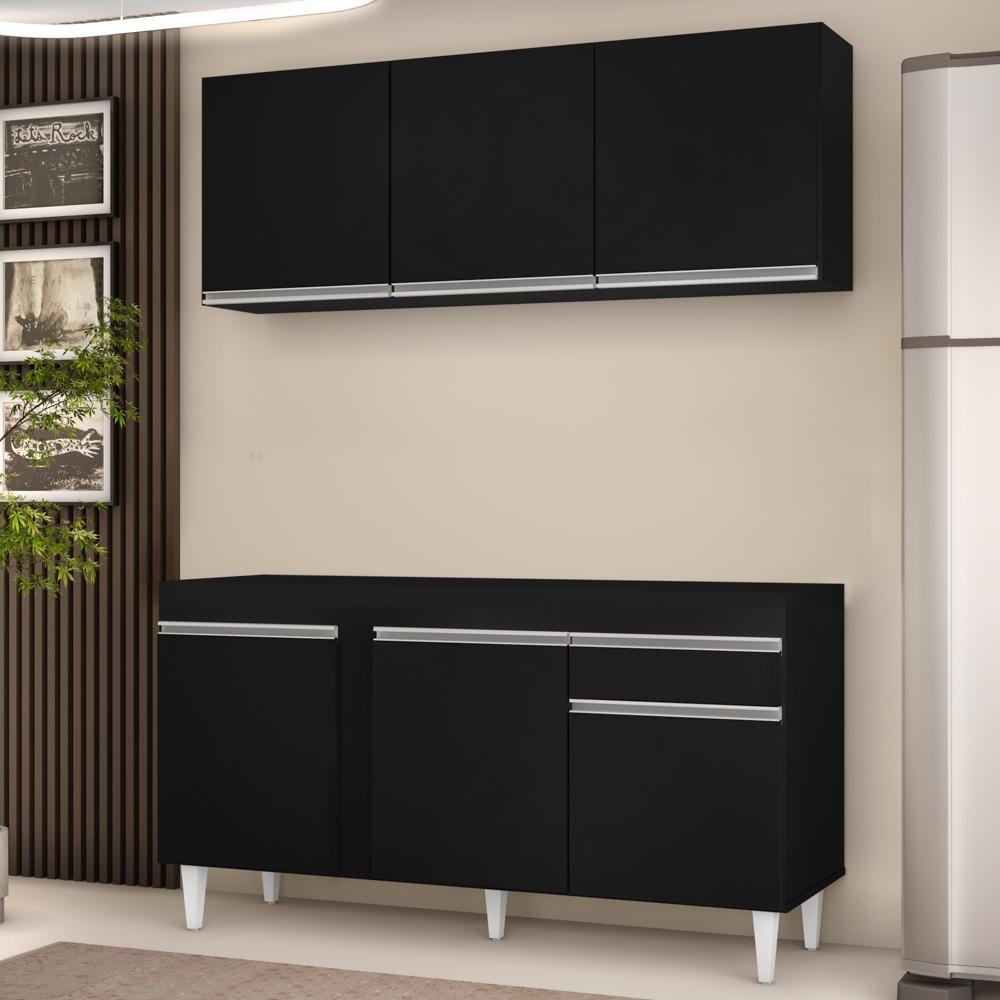 Armário Aéreo Argélia e Balcão Para Pia 150cm Dakota Preto - Lumil Móveis em Oferta na Shopee