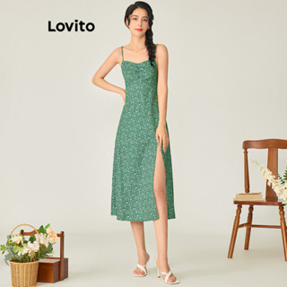 Lovito Casual Vestido Feminino Floral Franzido L71ED179 (Verde)
