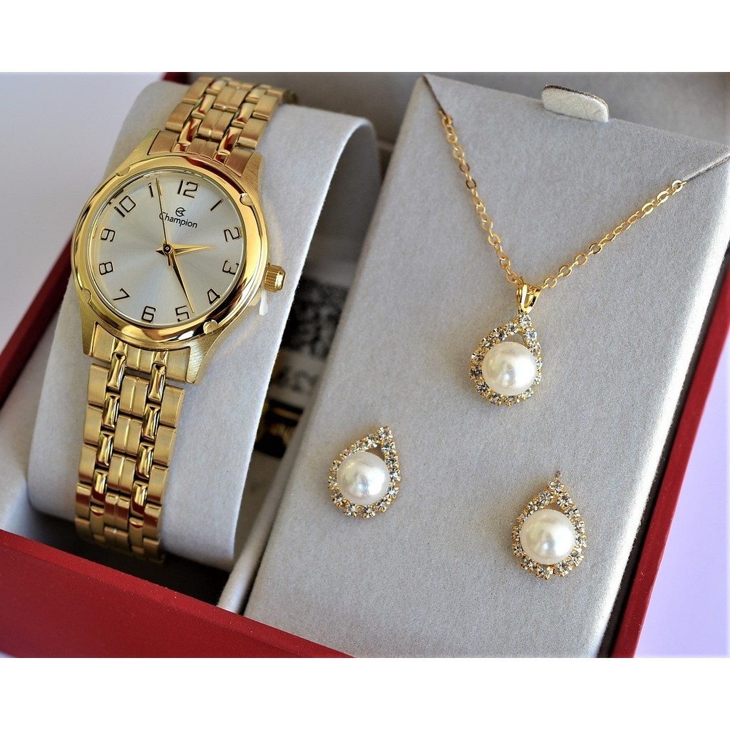 RELOGIO CHAMPION FEMININO DOURADO PEQUENO  NUMEROS CH24893W + KIT SEMI JOIA em Oferta na Shopee