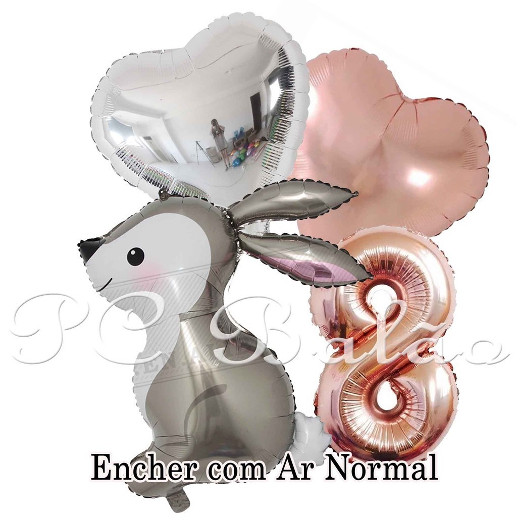 Kit 4 Balão Metalizado 1 COELHO 80cm + Número 40cm ROSE GOLD + 2 Coração 45cm 1 ROSE 1 PRATA Páscoa em Oferta na Shopee