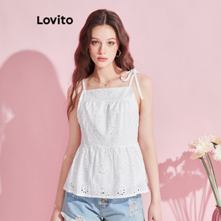 Lovito Boho Regata Básica com Bordado de Entremeio para Mulheres L74ED089 (Branco)