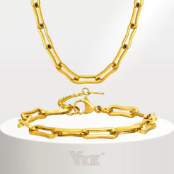 Conjunto De Pulseiras Corrente De Clip De Papel Vnox Para Menina , Ouro 18K Gargantilha De Aço Inoxidável Feita À Mão Jóias