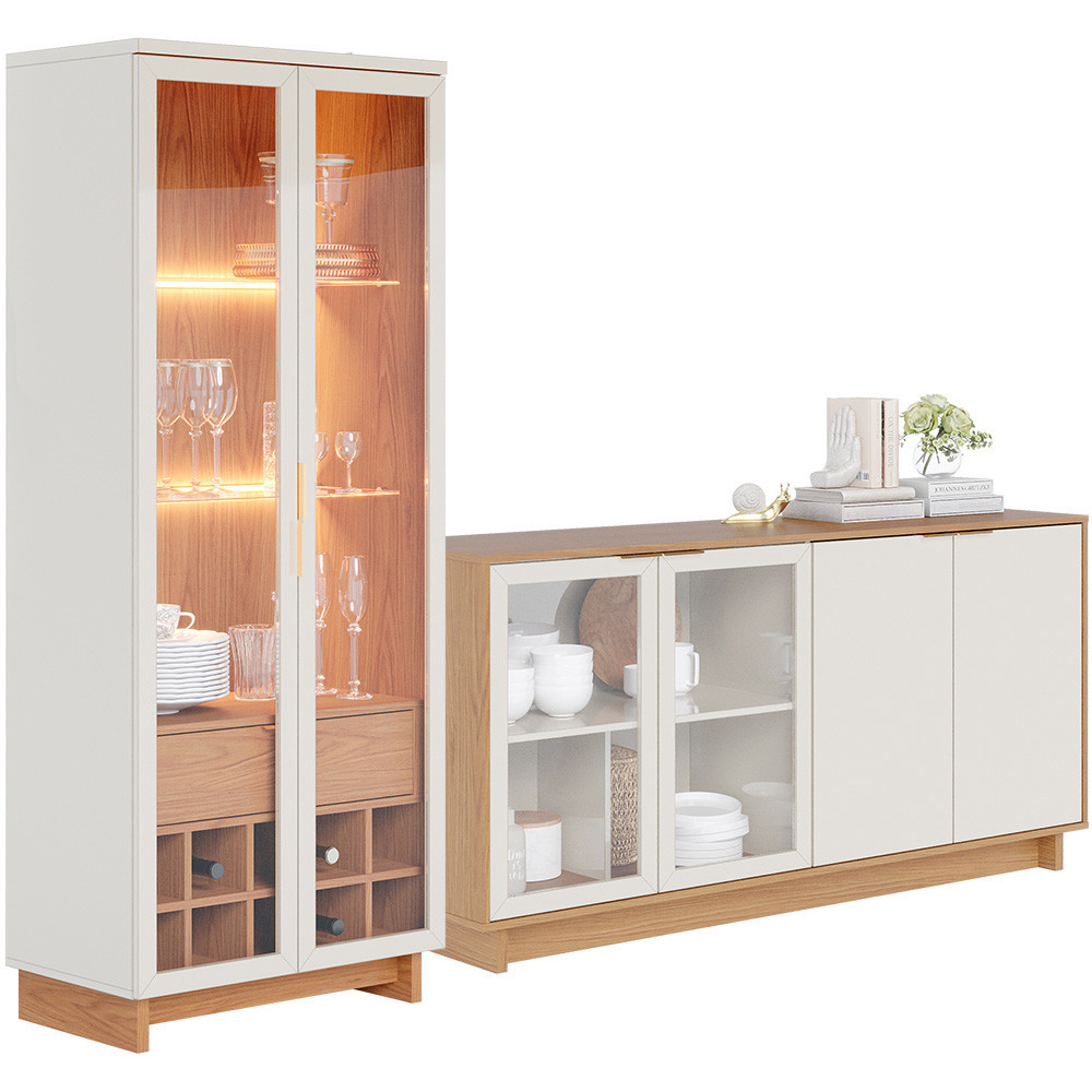Kit Para Sala de Jantar Buffet Áustria C04 com Cristaleira Malibu Freijó Off White - Lyam Decor - Home & Living