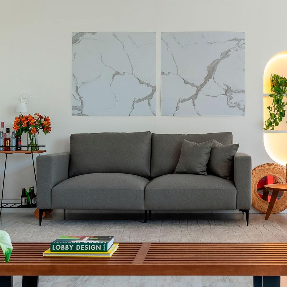 Sofá Unne 3 Lugares com Molas Ensacadas Linho Grafite 200 cm em Oferta na Shopee