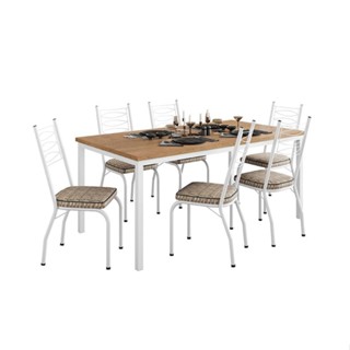 Conjunto de Mesa Retangular com Tampo de MDP Amadeirado e 6 Cadeiras Adriana Revestimento Sintético Marrom e Branco em Oferta na Shopee