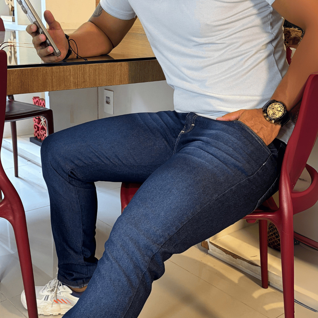 Calça Masculina Jeans Slim Azul Bigode Lycra Elastano Premium Conforto Versatilidade Presente em Oferta na Shopee