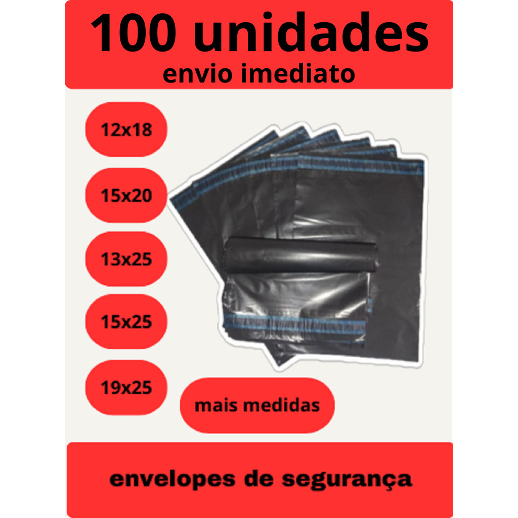 Kit 100 Unidades Envelope De Segurança Aba Adesiva Embalagem Envio Correio Ecommerce Saco Plástico