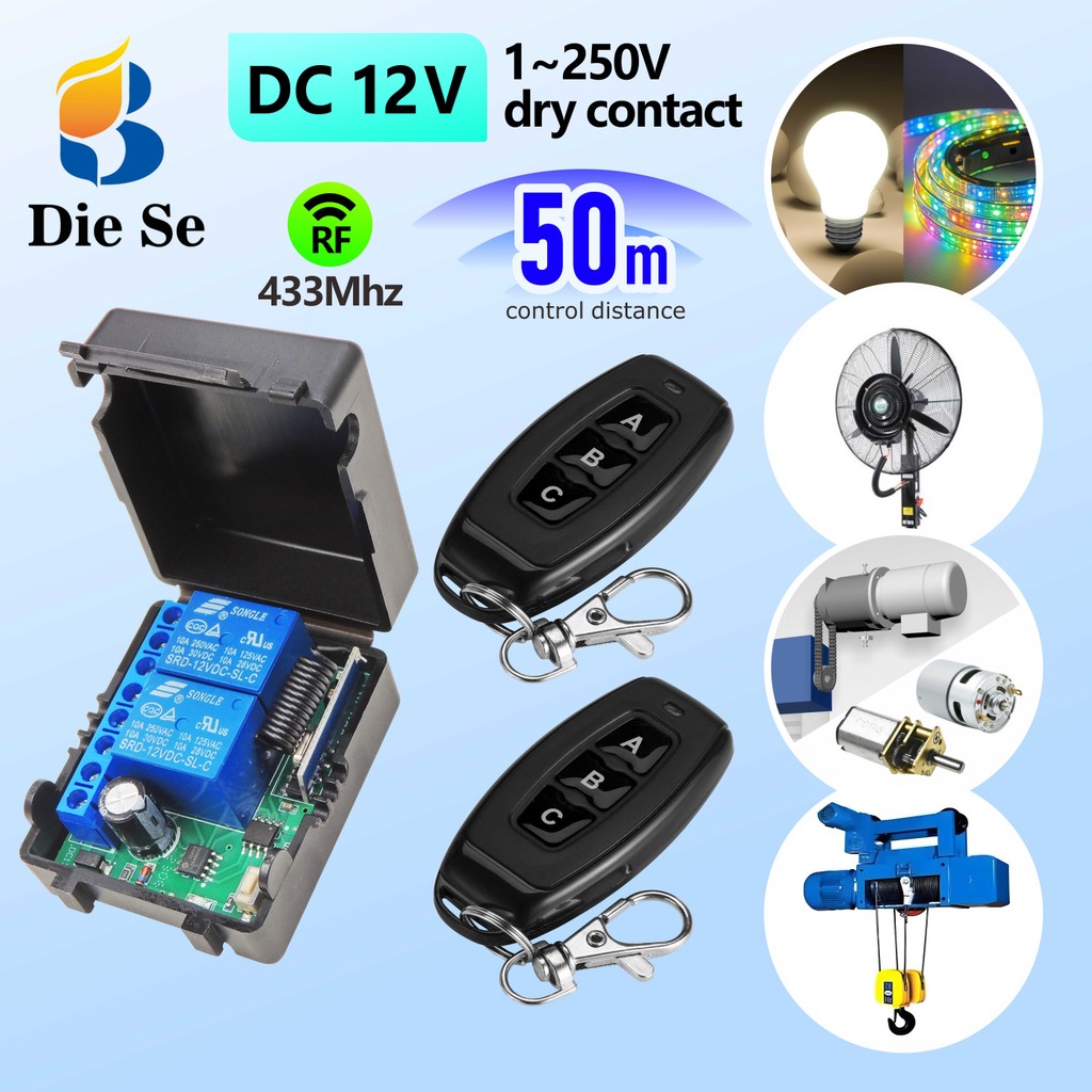 Interruptor de controle remoto sem fio RF 433MHz de 2 canais, relé DC 12 V para portas de garagem, motores, motocicleta em Oferta na Shopee