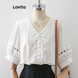 Lovito Blusa Elegante De Tecido Liso Com Costura De Renda E Manga Bufante Para Mulheres L77ED189