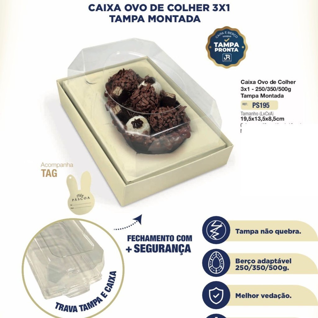 Detalhes do 10 CAIXA OVO DE COLHER  PÁSCOA  3X1 250/350/500G-C/ TAMPA MONTADA- JR  PS195  MARFIM