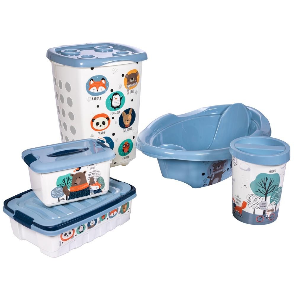 Kit Enxoval Bebê Banheira Cesto Caixas Lixeira Azul Plasútil - Mom & Baby