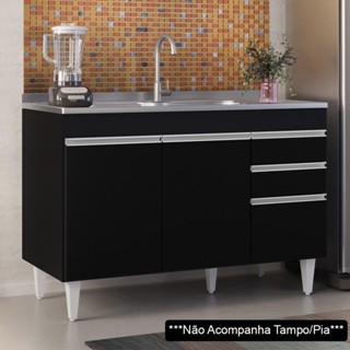 Balcão Gabinete Para Pia 120cm sem Tampo 3 Portas 2 Gavetas Michigan Preto - Lumil em Oferta na Shopee