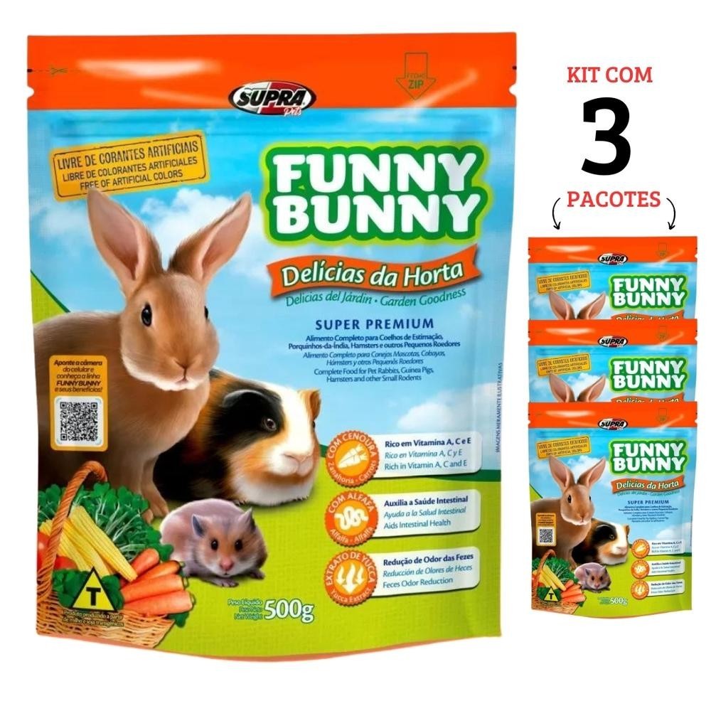 Kit 3 Ração Hamster Roedores Funny Bunny Delicias Horta 500g