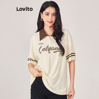 Lovito Casual Camiseta Feminina com Estampa de Texto e Costura no Tecido L71ED027 (Damasco)