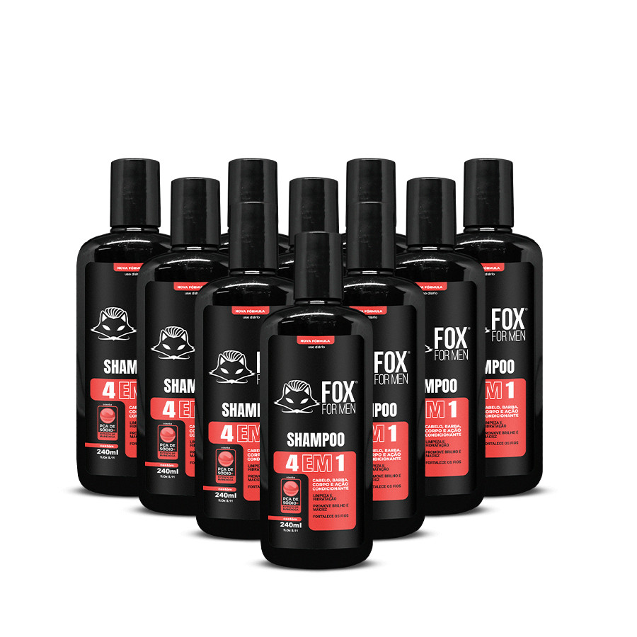 Kit 10 Unidades Shampoo 4 em 1 Fox For Men 250ml - Cabelo, Barba e Corpo