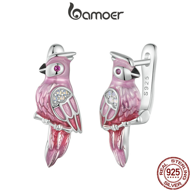 Brincos Bamoer 925 Sterling Sliver Hoop De Fita De Papagaio Rosa Design Jóias Presentes Para Mulheres - Fashion Accessories
