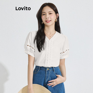 Lovito Blusa Elegante De Tecido Liso Com Costura De Renda E Manga Bufante Para Mulheres L77ED189
