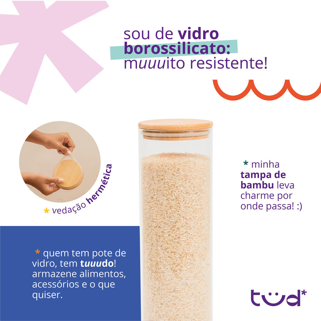 Kit 3 potes de vidro 2L tampa de bambu herméticos - Tud — foto 4