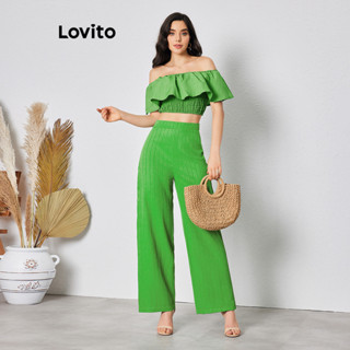 Lovito Conjunto de Calça Smocked e Babado Liso Boho para Mulheres LBL08097