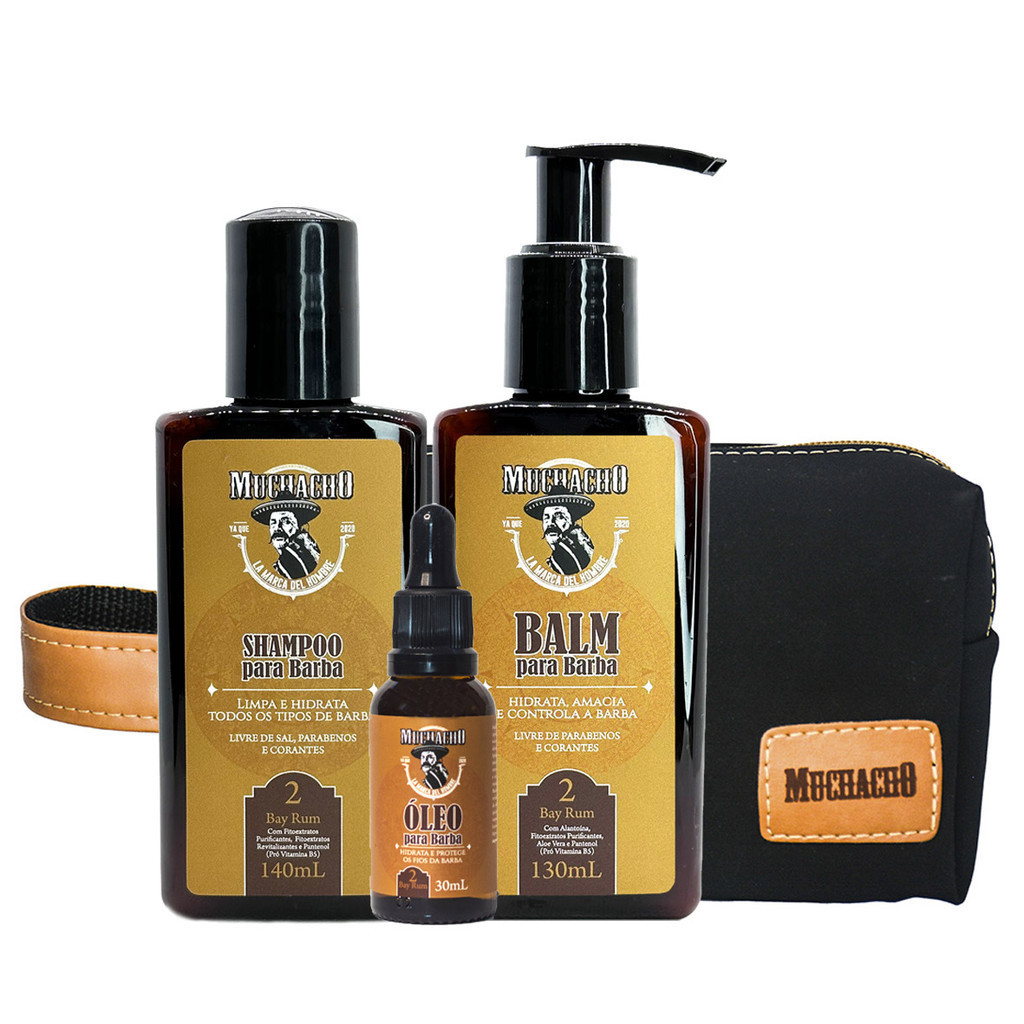 Kit Shampoo, Balm e Óleo para Barba Muchacho Bay Rum + Necessaire Muchacho Cancun
