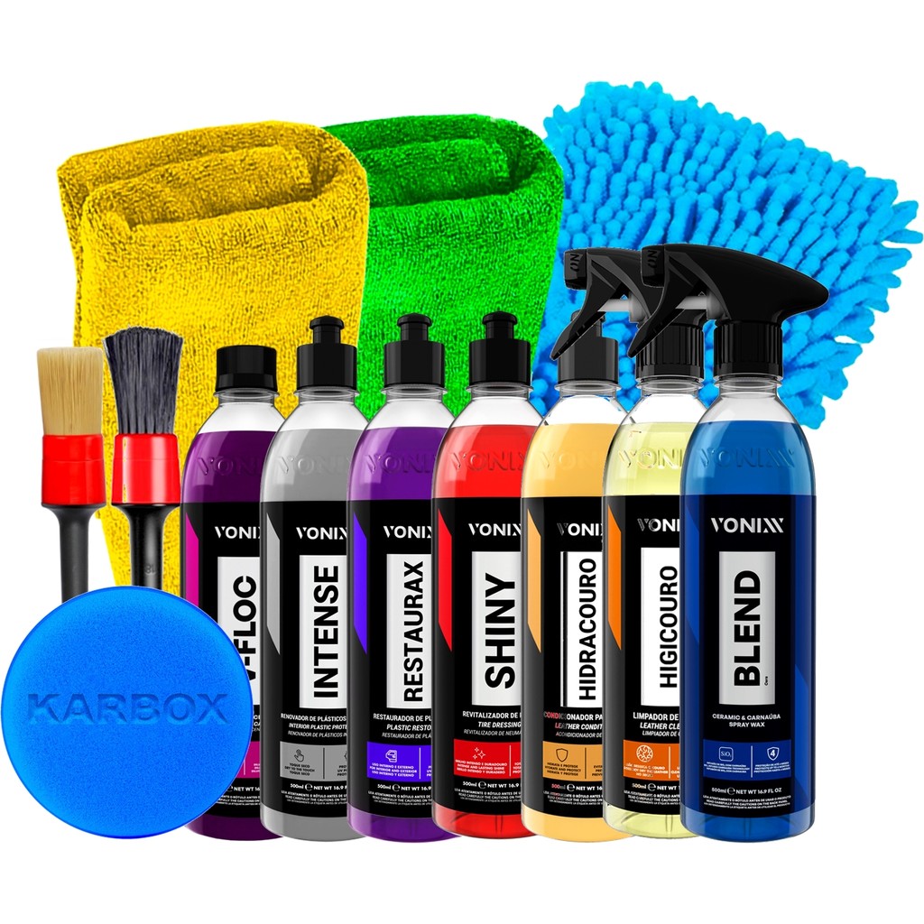 Kit Vonixx Para Limpeza Automotiva V-Floc Intense Restaurax Shiny Blend Hidracouro Higicouro Acessórios Karbox Oferta