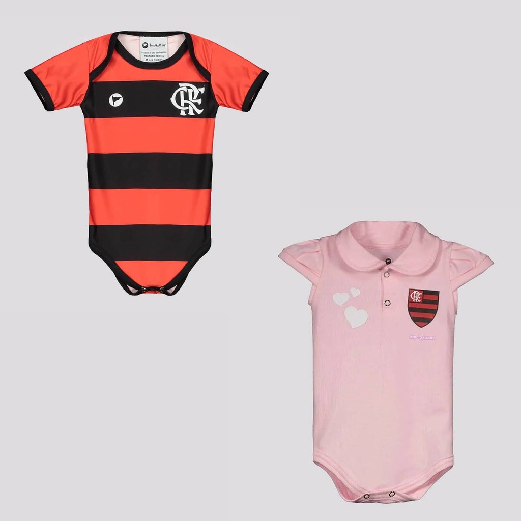 Kit Flamengo Bodys Vermelho Listrado e Polo Rosa