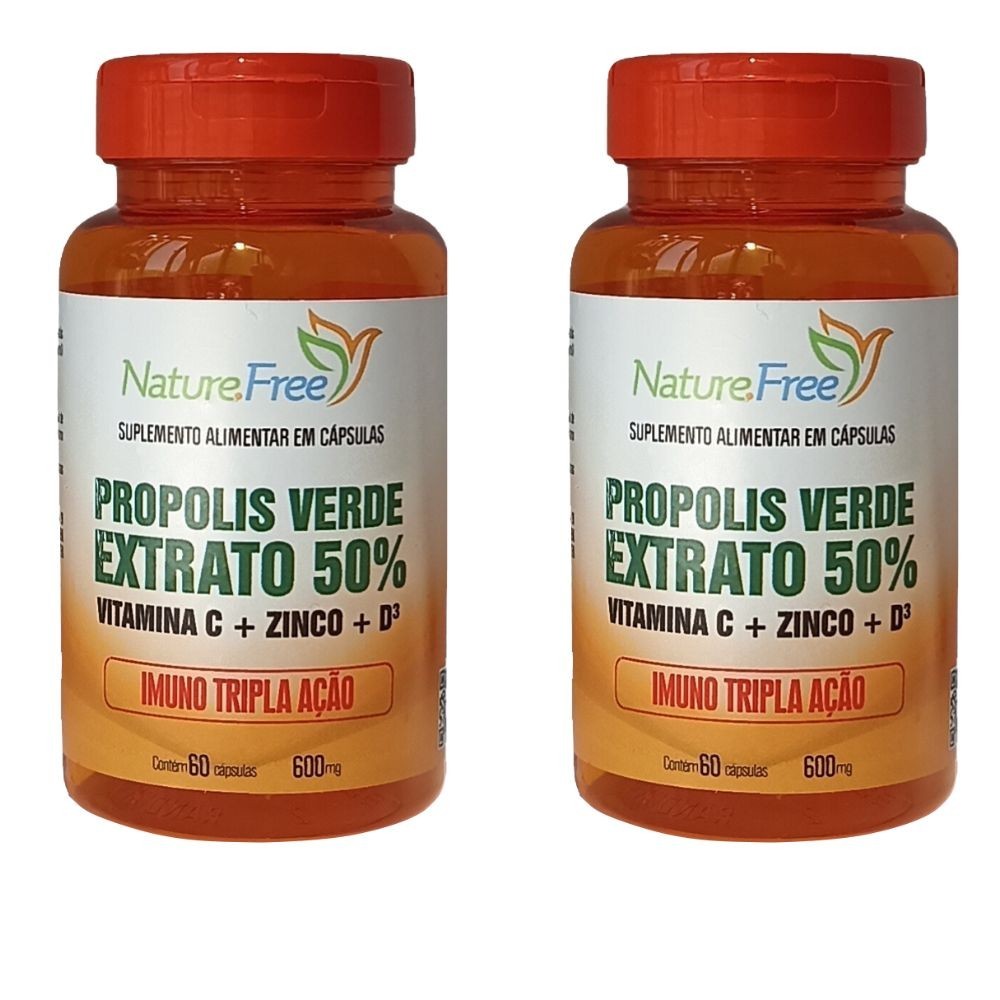 Kit 2 Suplemento Alimentar - Própolis Verde Extrato 50% + Vitamina C + Zinco + D³ 60 Cápsulas 600mg
