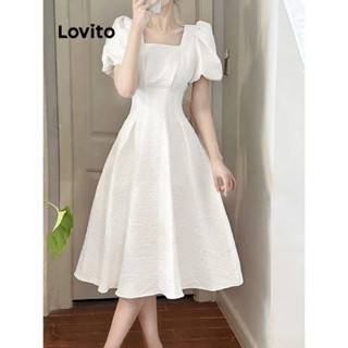 Lovito Vestido Casual Plissado Liso Para Mulheres LNE35287 (Branco)