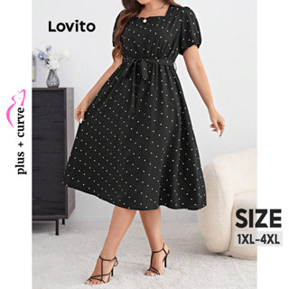 Lovito Vestido Plus Size Curvo Elegante De Bolinhas Com Renda Para Mulheres LBL08206
