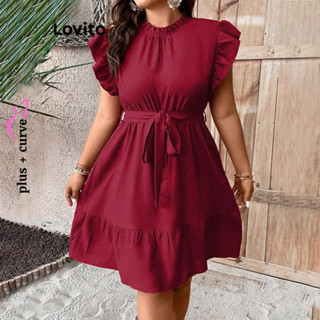 Lovito Vestido de Babado com Cinto e Saia Jeans Rasgada Lisa Plus Size para Mulheres LBL08453