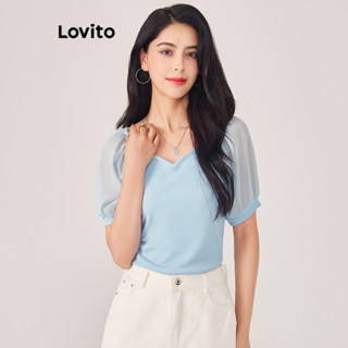 Lovito Casual Camiseta Feminina Lisa com Costura no Tecido L71ED033 (Azul)