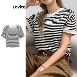 Lovito Camisetas com Listras e Acabamento em Contraste para Mulheres L73AD016