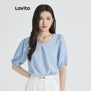 Lovito Blusa Elegante Lisa Plissada De Manga Bufante Para Mulheres L77ED186
