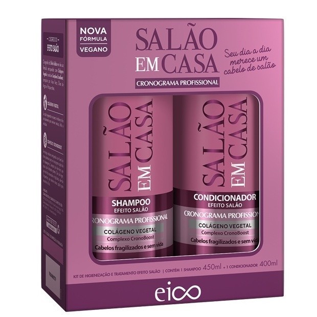 Kit Eico Shampoo e Condicionador Salão Em Casa Cronograma Cólageno Vegetal Fitoqueratina Sem Sal Vegano 450ml