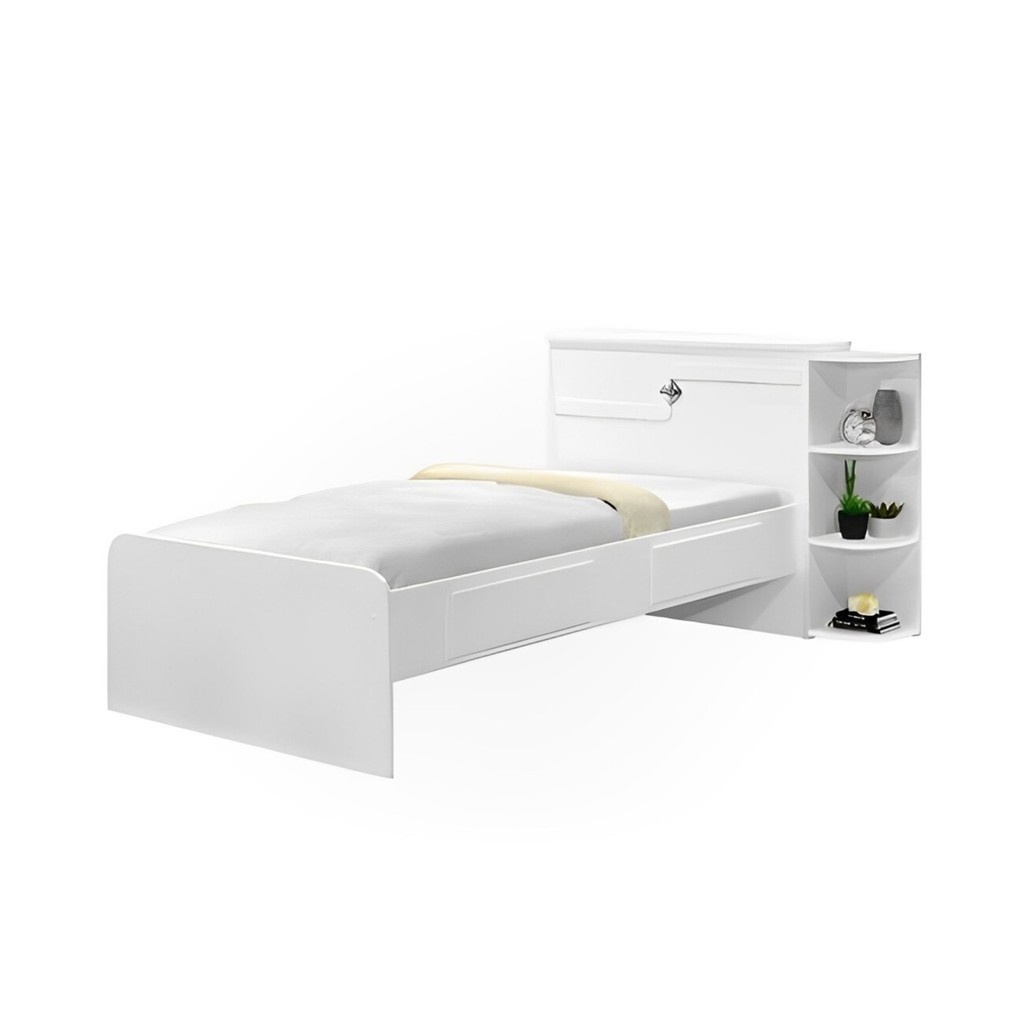 Cama Solteiro Cabeceira Baú 2 Gavetas 3 Nichos Hortencia Branco / Branco Lilás Flex