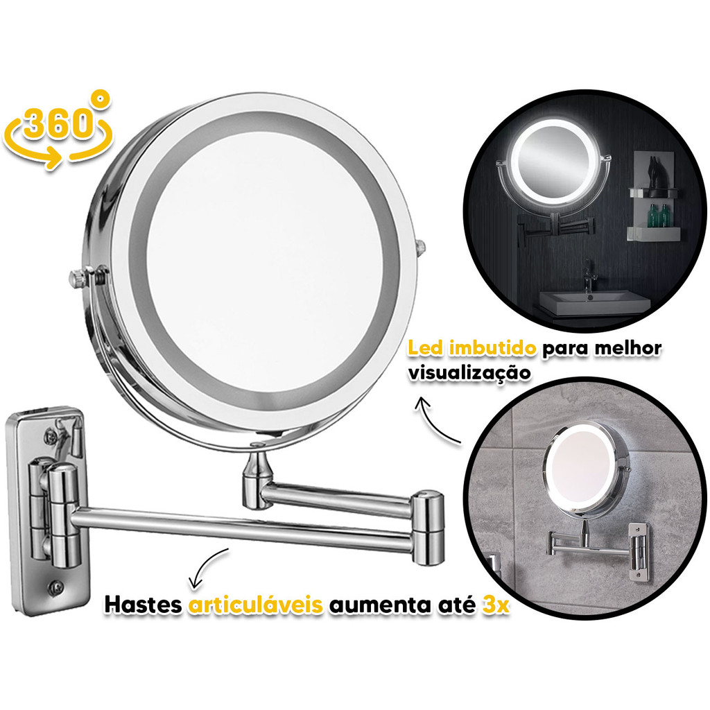 Espelho De Aumento Articulado Com LED 5x Giratório 360º Dupla Face Maquiar Barbear Maquiagem Agrantt em Oferta na Shopee