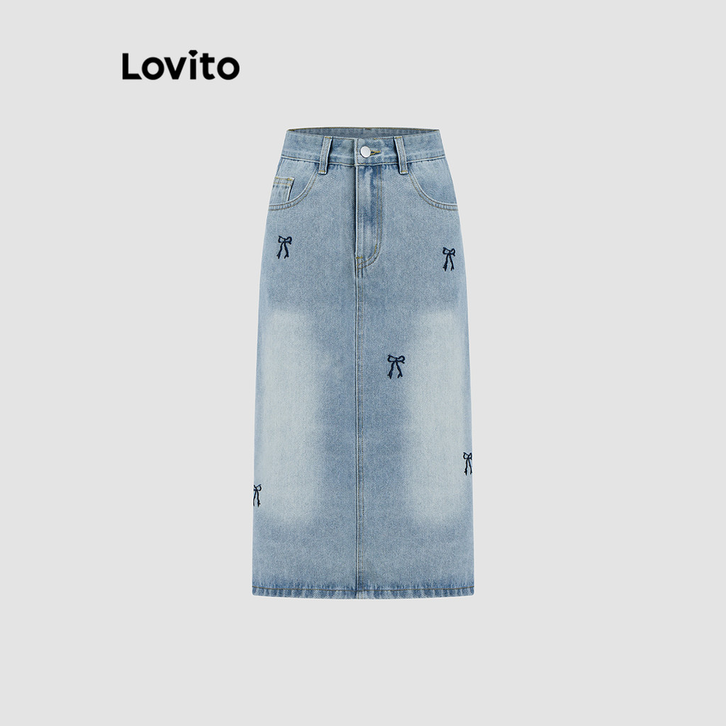 Lovito Saia jeans lavada com bordado liso fofo e frente de laço para mulheres L122AD023 - Women Clothes