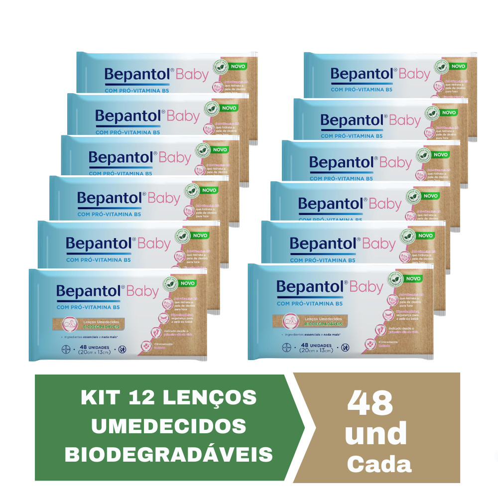 Kit c/ 12 Lenços Umedecidos Biodegradável 48un Cada Bepantol - Mom & Baby