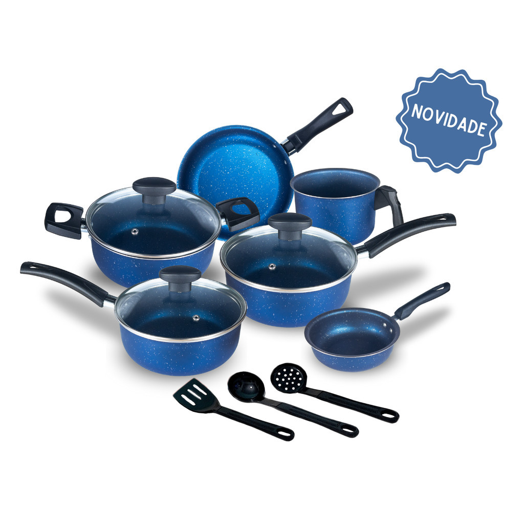 Jogo de Panelas Azul Elegance Antiaderente Teflon 9 Peças Tampa Vidro