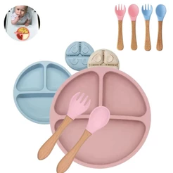 3 pçs Kit Prato com Talher Silicone Introdução Alimentar Bebê