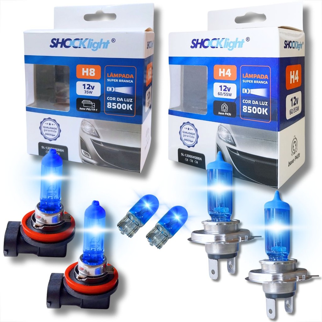 KIT PAR LÂMPADAS SUPER BRANCA H4 + H8 8500K + PAR PINGO T10 UNIVERSAL SHOCKLIGHT