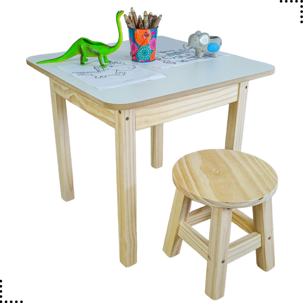 Conjunto Mesa Quadrada Infantil Educativa Atividades de Madeira Maciça Resistente 1 banqueta
